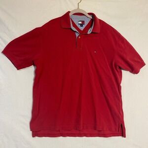 Tommy Hilfiger Mens XL Red Pique Cotton Short Sleeve Polo Shirt Flag Logo